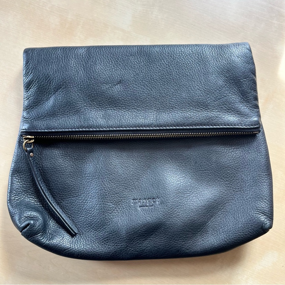 margot Black Leather Fold-Over Clutch with Zip Detail